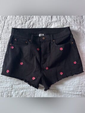 PINK Victoria's Secret Black Denim Shorts with Pink Rose Embroidery